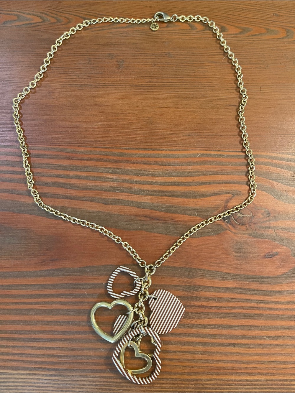 Tory Burch Gold-Tone Heart Charm Necklace with Striped Accents